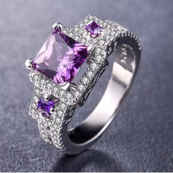 Purple Princess Cut Halo Silver Engagement Ring - Picture 1 of 6